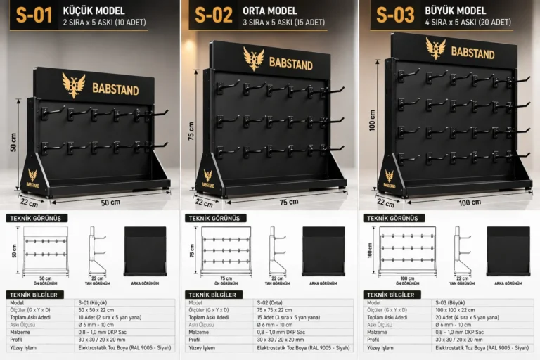 AS-01 Askılı Stand S-01, S-02, S-03 model ölçü karşılaştırması