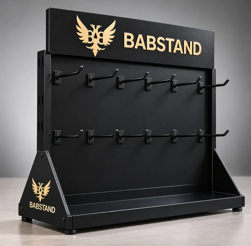 AS-01 Askılı Teşhir Standı S-01 – siyah metal masaüstü askılı stand