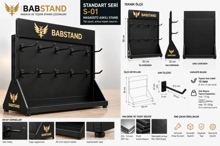 AS-01 S-01 Masaüstü Askılı Stand teknik ölçüleri ve detay görselleri