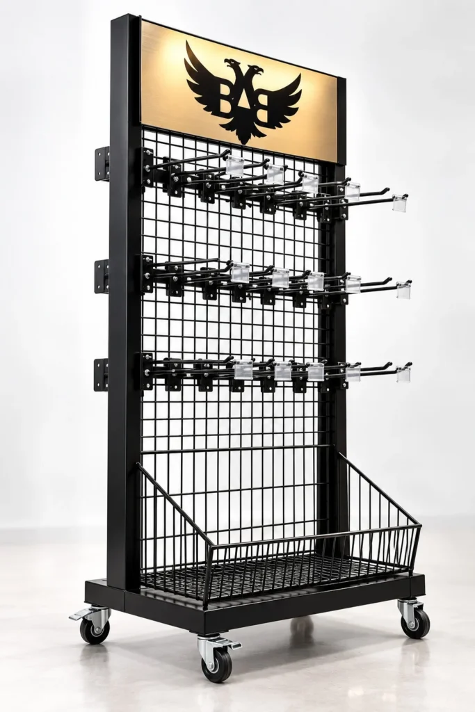 AS-02 Tekerlekli Tel Panolu Askılı Stand – alt sepetli, logolu tabelalı siyah metal stand