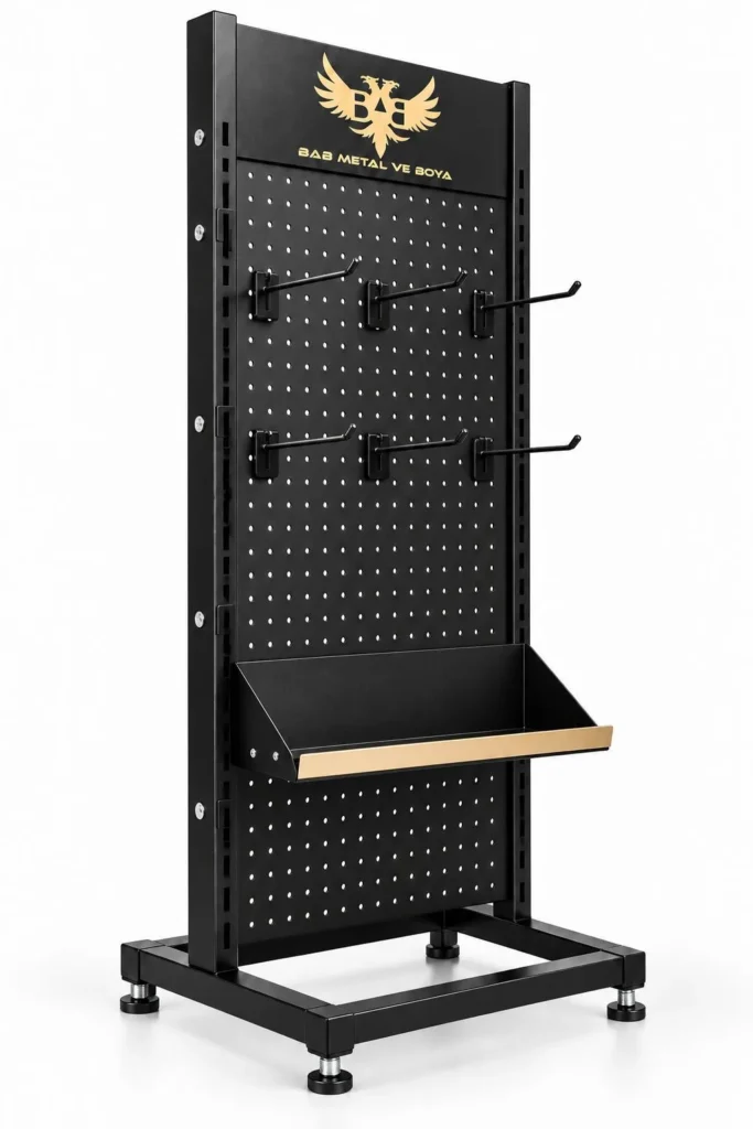 AS-04 perfore panolu askılı stand, delikli metal pano, askı kancaları ve eğik raf