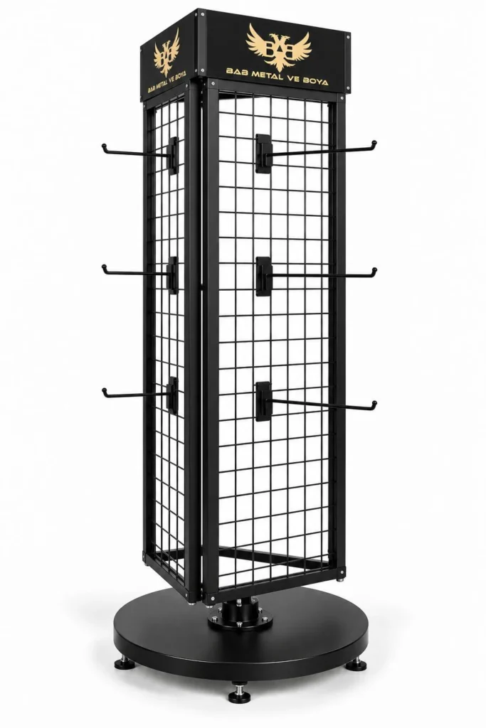 DS-01 döner askılı tel stand, 3 yüzlü tel ızgara gövde, askı kancaları, yuvarlak döner taban