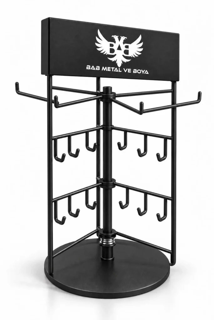 DS-04 masaüstü döner kancalı stand, 3 katlı tel kancalar, döner mil ve logolu tabela