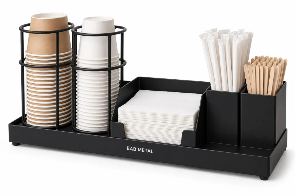 KS-01 bardak, peçete ve pipet organizer standı, siyah metal kahve istasyonu düzenleyici