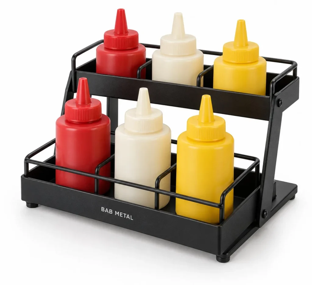 KS-05 iki katlı altılı sosluk standı, kademeli siyah metal sos şişesi standı