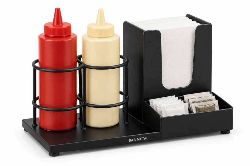 KS-06 peçeteli sosluk standı, sos şişesi ve peçetelik bölmeli siyah metal stand