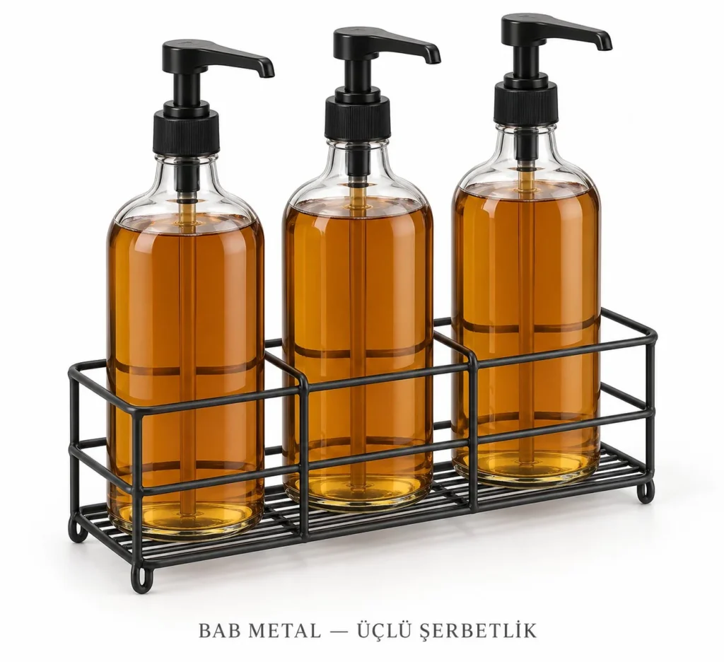 KS-08 üçlü şerbetlik, üç pompalı şurup şişesi için siyah tel stand