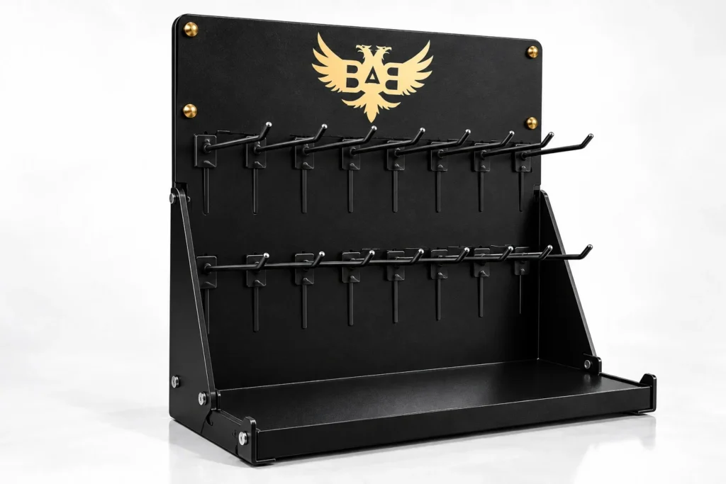MS-01 Ekonomik Masaüstü Askılı Stand – 16 askılı siyah metal stand