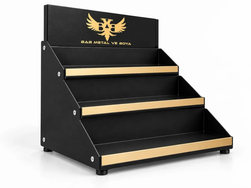 MS-02 masaüstü 3 basamaklı metal teşhir standı, gold raf önü bandı, logolu arka pano