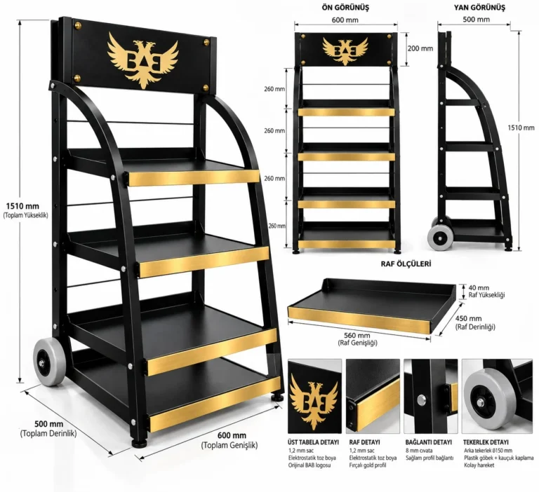 RS-01 Tekerlekli Eğik Raflı Stand teknik ölçüleri 1510x600x500 mm
