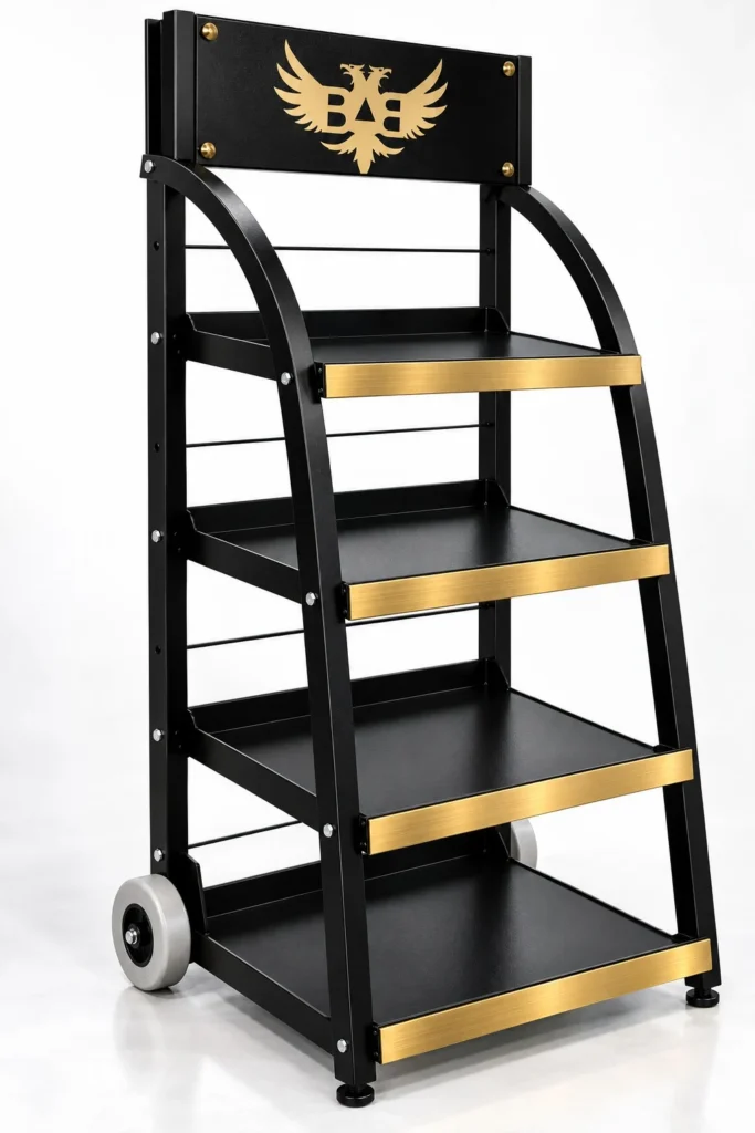 RS-01 Tekerlekli Eğik Raflı Teşhir Standı – gold profilli 4 raflı metal stand