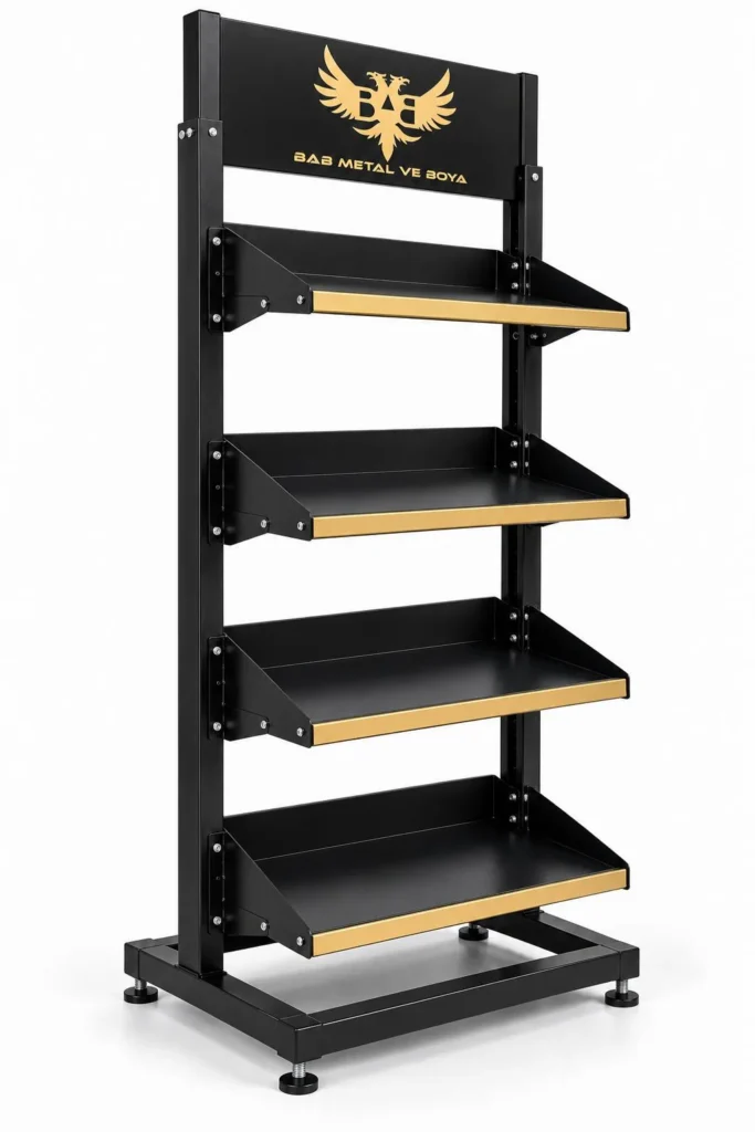 RS-03 düz raflı metal teşhir standı, 4 kademeli konsollu raf, gold raf önü bandı, siyah gövde
