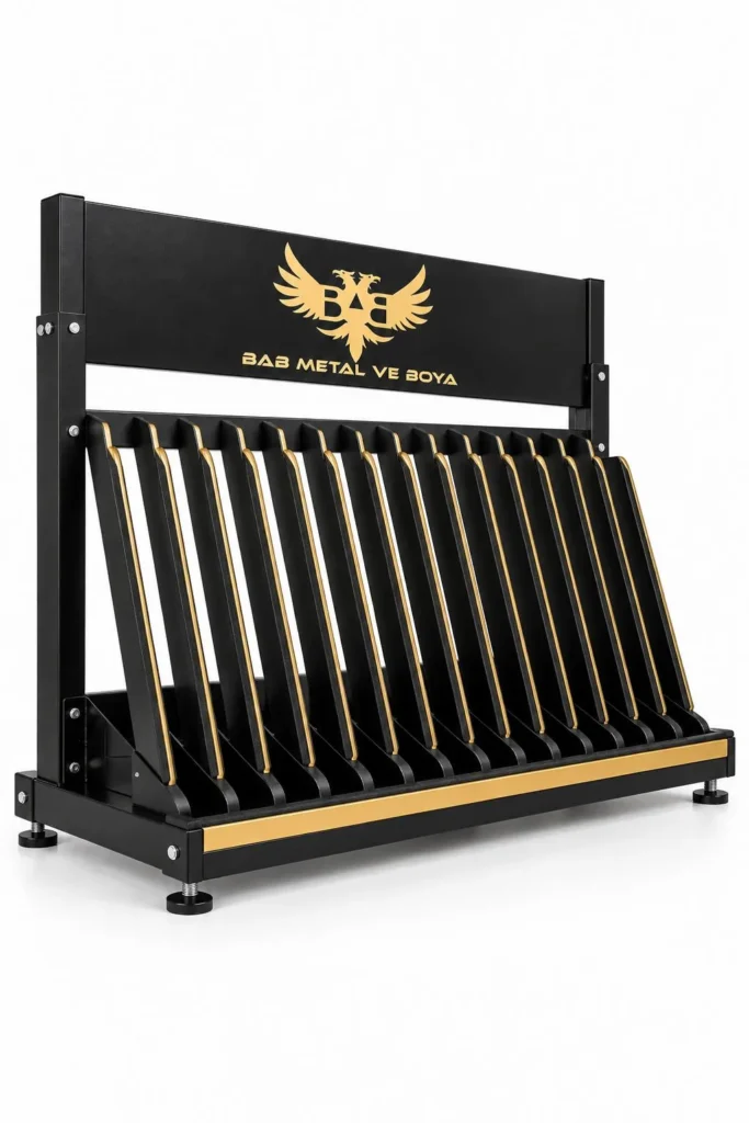 RS-06 bölmeli dikey panel teşhir standı, gold kenarlı eğik ayraçlar ve logolu üst tabela