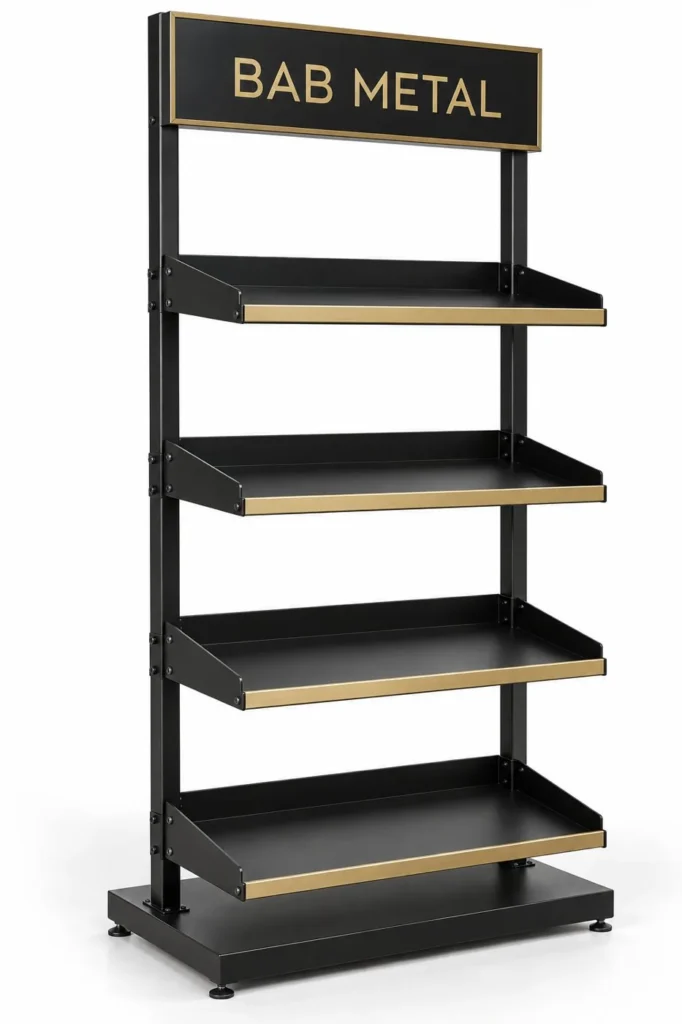 RS-11 logolu gold kenarlı raflı teşhir standı, 4 eğik raflı siyah metal mağaza standı