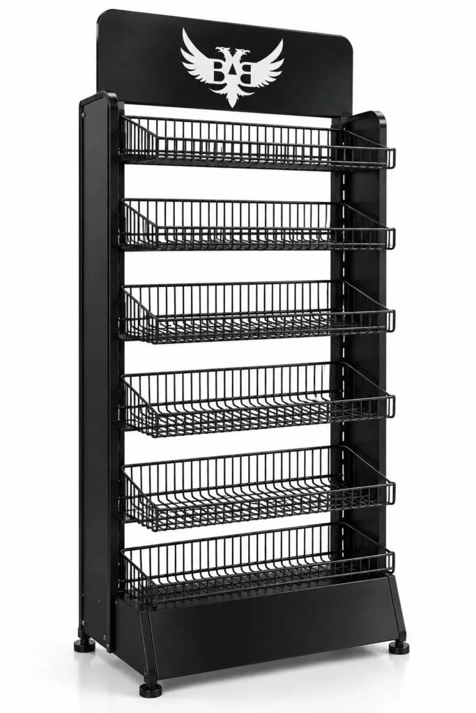 SS-01 tel sepetli raf standı, 6 çelik tel sepet, siyah metal gövde, logolu üst tabela